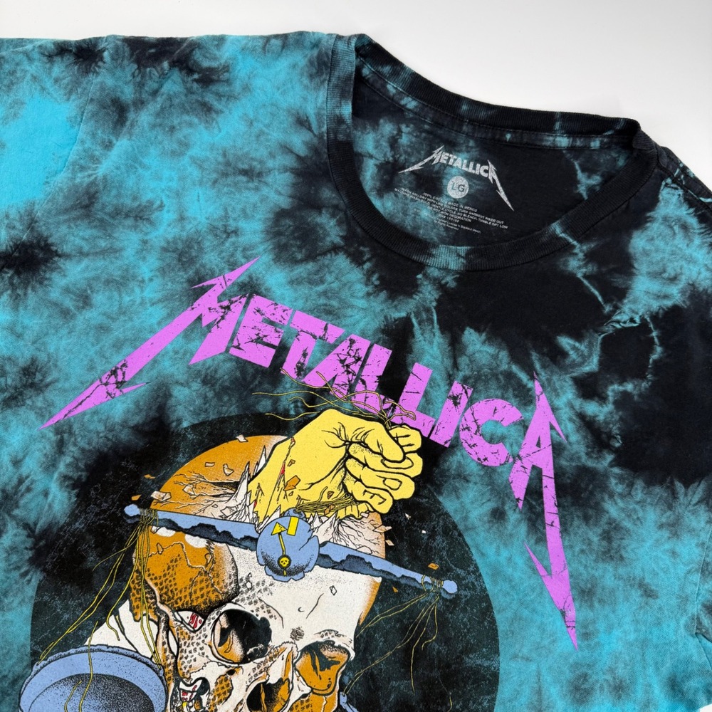 Metallica Damaged Justice Tie‎ Dye Long Sleeve T Shirt Mens Large Black Teal